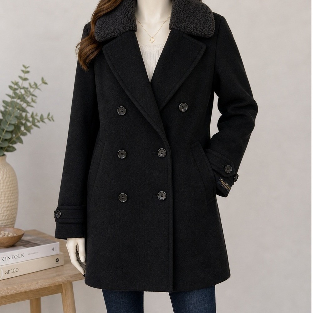 H&M Mens Pea Coat Black Lanificio Cangioli Wool Faux Shearling Collar XL